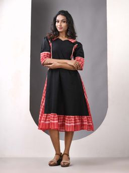 CHARUKRITI - Black and Red Cotton Printed A-Line Ethnic Dress