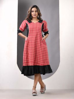 CHARUKRITI - Red and Black Cotton Printed A-Line Ethnic Dress
