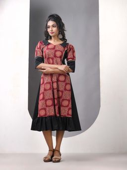 CHARUKRITI - Brown and Black Cotton Printed A-Line Ethnic Dress