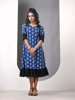 CHARUKRITI - Blue and Black Cotton Printed A-Line Ethnic Dress