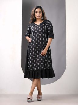 CHARUKRITI - Black Cotton Printed A-Line Ethnic Dress