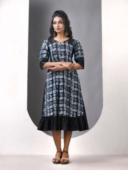 CHARUKRITI - Navy Blue and Black Cotton Printed A-Line Ethnic Dress