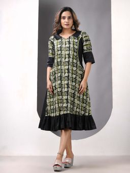 CHARUKRITI - Green and Black Cotton Printed A-Line Ethnic Dress