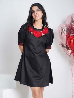 Pearls & Pastels - 3 Hearts Black Embroidered Pure Cotton A- Shape Dress