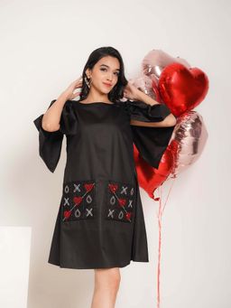 Pearls & Pastels - Criss Cross Black Hand Embroidered Pure Cotton A- Shape Dress