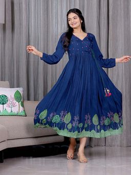 Sukruti Design - Tree Of Life - Ocean Blue Gathered Dress