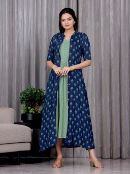 Sukruti Design - Tree Of Life - Ocean Blue Overlay with Dress (Set of 2)