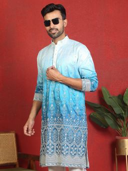 KRAFT INDIA LUXE - Ombre Cotton Silk with Floral Embroidered Detail Daman Work Blue Kurta