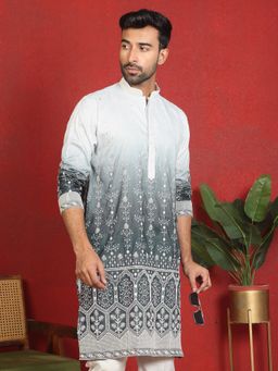 KRAFT INDIA LUXE - Ombre Cotton Silk with Floral Embroidered Detail Daman Work Grey Kurta