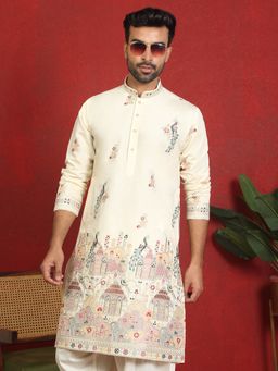 KRAFT INDIA LUXE - Cotton Silk Multi Embroidered Detailed Daman Work Cream Kurta