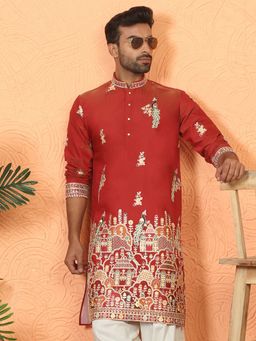 KRAFT INDIA LUXE - Cotton Silk Multi Embroidered Detailed Daman Work Red Kurta