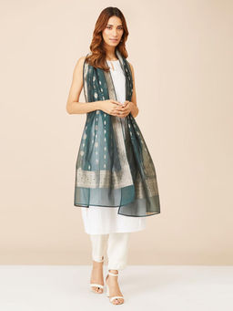 Fabindia - Teal Cotton Silk Blend Woven Stole