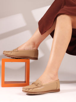 Carlton London - Beige Textured Slip-On Women Horsebit Loafers