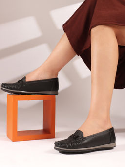 Carlton London - Black Textured Slip-On Women Horsebit Loafers