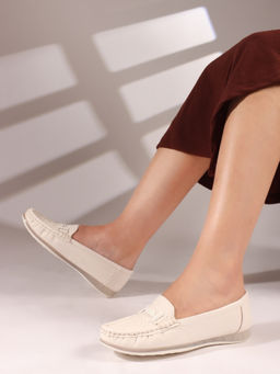 Carlton London - White Textured Slip-On Women Horsebit Loafers