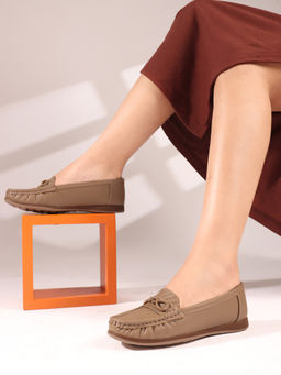 Carlton London - Beige Textured Slip-On Women Horsebit Loafers