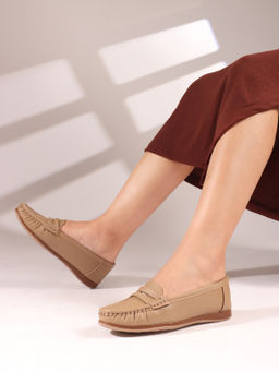 Carlton London - Beige Solid Slip-On Women Penny Loafers