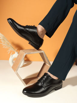 Carlton London - Men Black Solid Lace-Ups Leather Formal Derbies