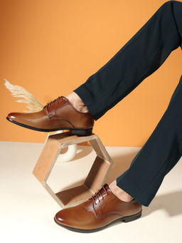 Carlton London - Men Tan Solid Lace-Ups Leather Formal Derbies
