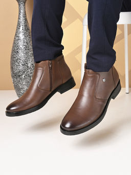 Carlton London - Brown Zipper Round Toe Men Casual Boots