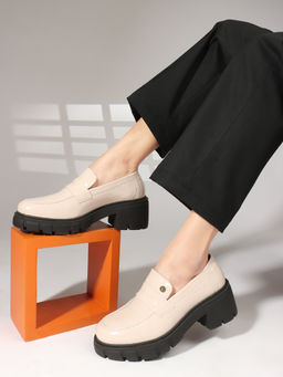 Carlton London - Beige Solid Slip-On Women Penny Loafers