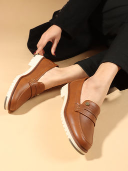 Carlton London - Tan Solid Slip-On Women Penny Loafers