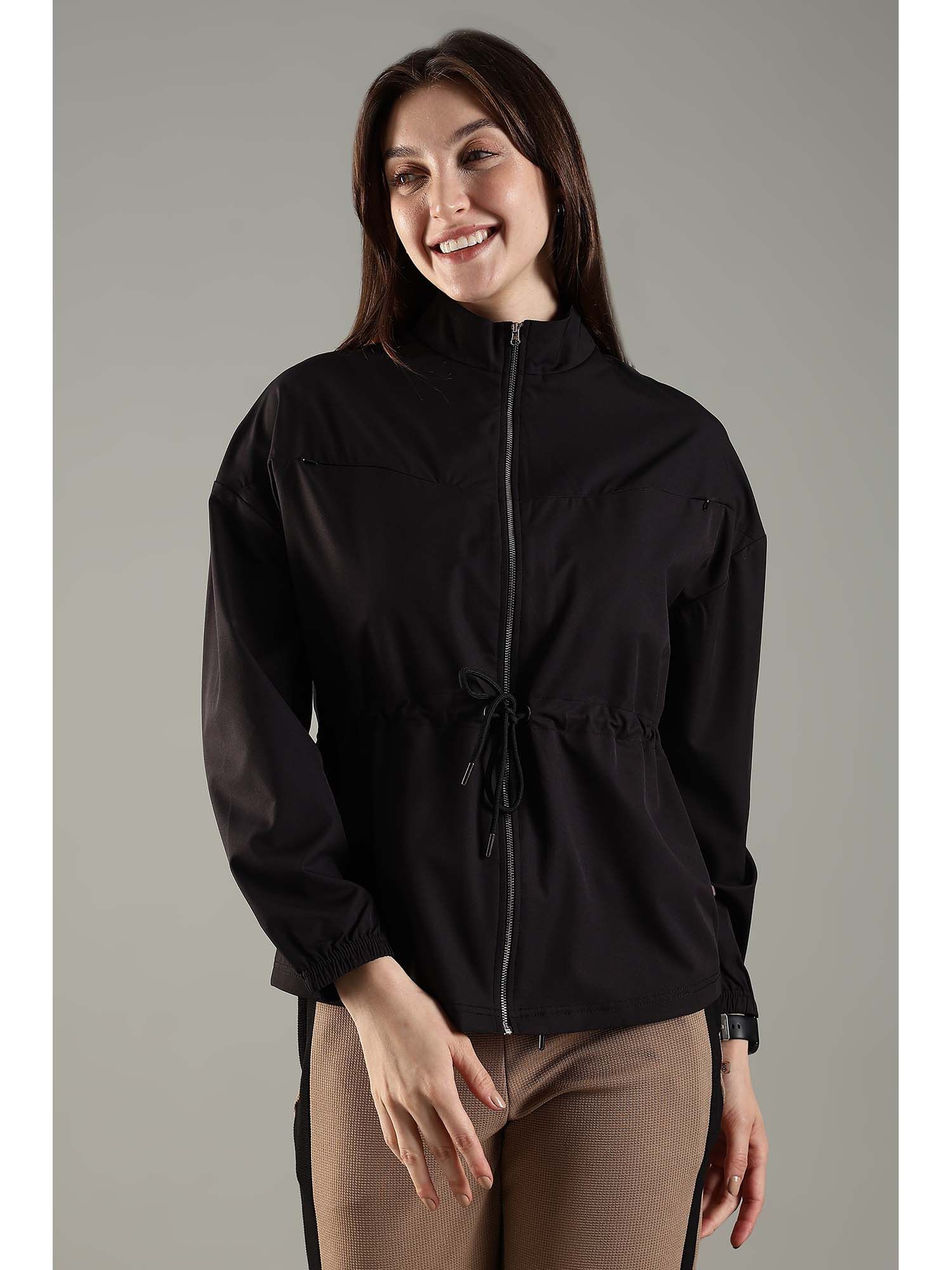 domin8 Black High Neck Jacket Invisible Cross Pockets Adjustable Drawstring Waist-picture-25