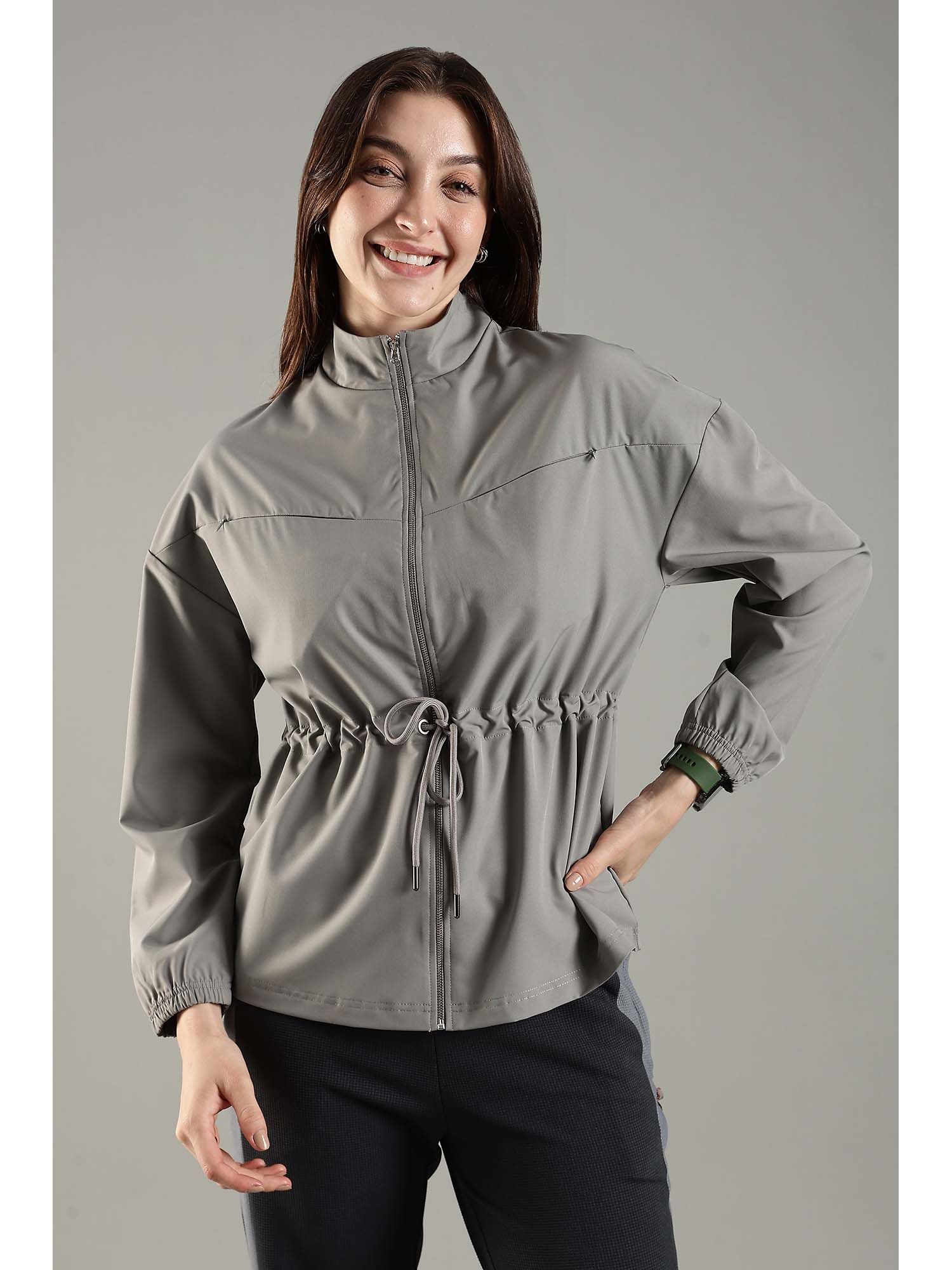 domin8 Grey High Neck Jacket Invisible Cross Pockets Adjustable Drawstring Waist-picture-11