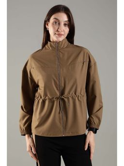 DOMIN8 - Khaki High Neck Jacket Invisible Cross Pockets Adjustable Drawstring Waist