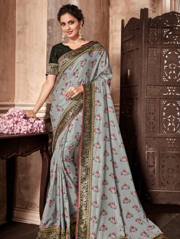 Odette - Grey Printed Silk Designer Saree with Unstitched Blouse