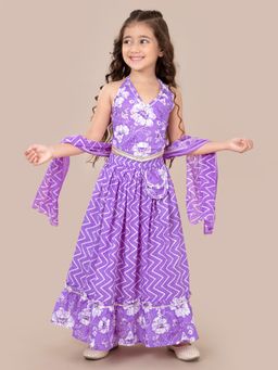 Hopscotch - 3-Pc Purple Floral Chevron Cotton Lehenga Choli with Dupatta