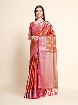 Mimosa - Women Traditional Ussi Kanjivaram Art Silk Maroon Saree with Unstitched Blouse