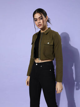 Popnetic - Women Olive Solid Pure Cotton Crop Jacket