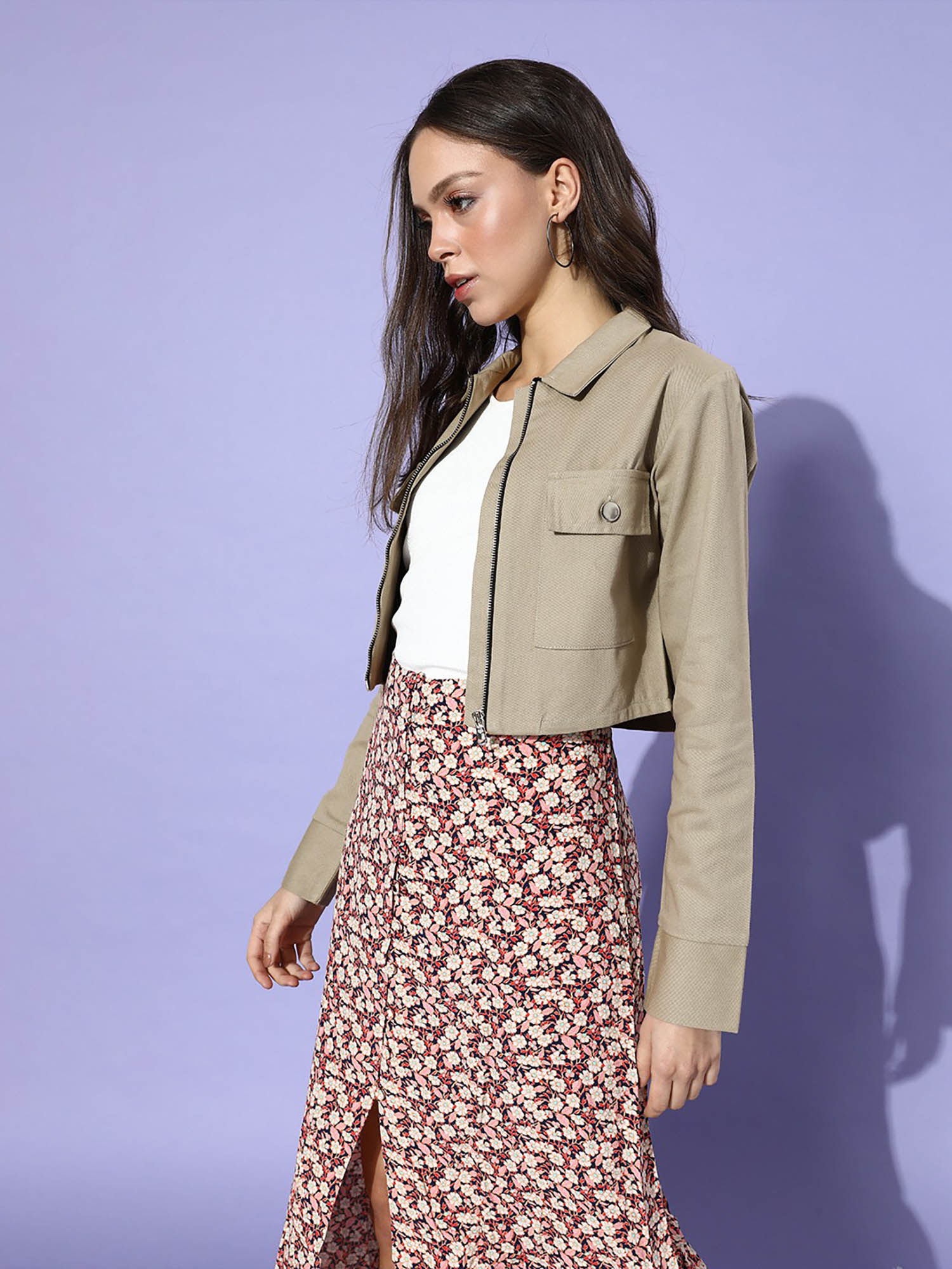 popnetic Women Beige Solid Pure Cotton Crop Jacket-picture-36