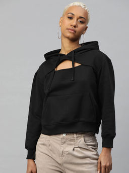 Popnetic - Women Black Solid Front Cut-Out Hoodie