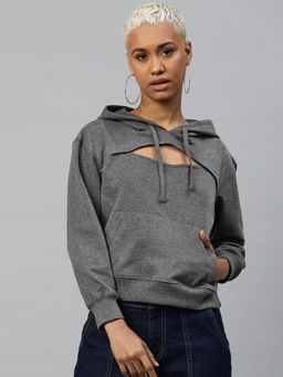 Popnetic - Women Grey Solid Front Cut-Out Hoodie
