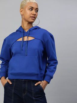 Popnetic - Women Blue Solid Front Cut-Out Hoodie