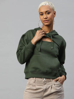 Popnetic - Women Olive Solid Front Cut-Out Hoodie