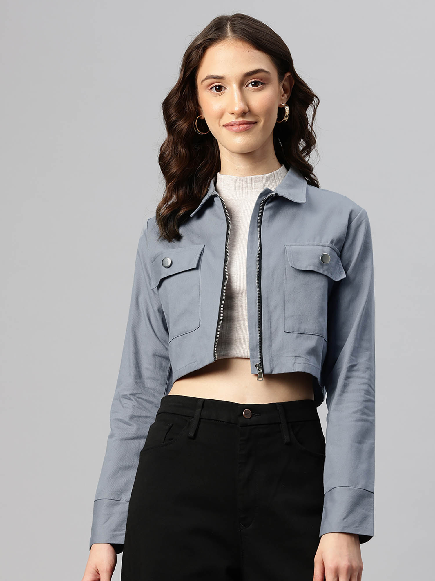 popnetic Women Grey Solid Pure Cotton Crop Jacket-picture-15