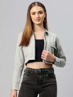 Popnetic - Women Grey Solid Pure Cotton Crop Jacket