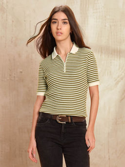 U.S. POLO ASSN. - Women Multi-Color Reglar Fit Striped Polo T-Shirt