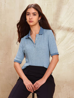 U.S. POLO ASSN. - Women Blue Textured Regular Fit Polo T-Shirt