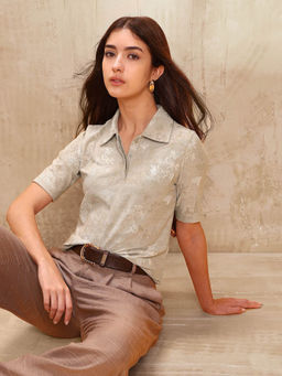 U.S. POLO ASSN. - Women Beige Textured Regular Fit Polo T-Shirt
