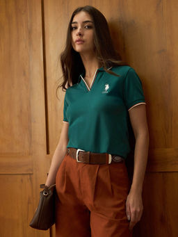 U.S. POLO ASSN. - Women Green Solid Regular Fit Polo T-Shirt