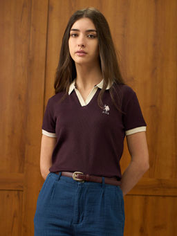 U.S. POLO ASSN. - Women Purple Textured Regular Fit Polo T-Shirt