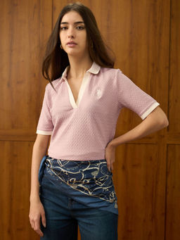 U.S. POLO ASSN. - Women Pink Textured Regular Fit Polo T-Shirt