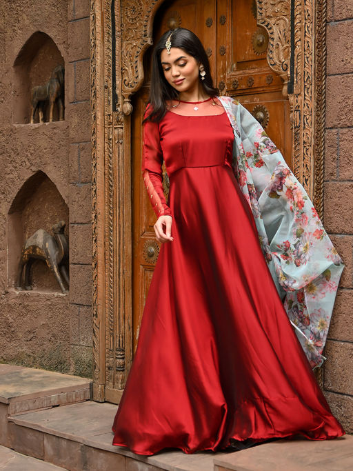 Buy Vinya Maroon Silk Fit and Flare Dress with Floral Organza Dupatta (Set  of 2) Online