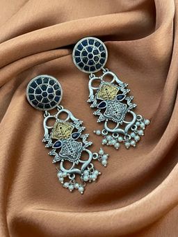 Digital Dress Room - Chandelier Earring Floral Design Blue Enamel with Pearl Polish Earring