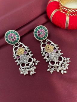 Digital Dress Room - Chandelier Earring Floral Design Multi Enamel and Pearl Polish Earring