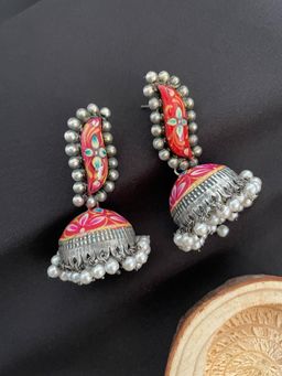 Digital Dress Room - Jhumki Earrings Pink Floral Designs with Pearl German Oxidized Earring for Women